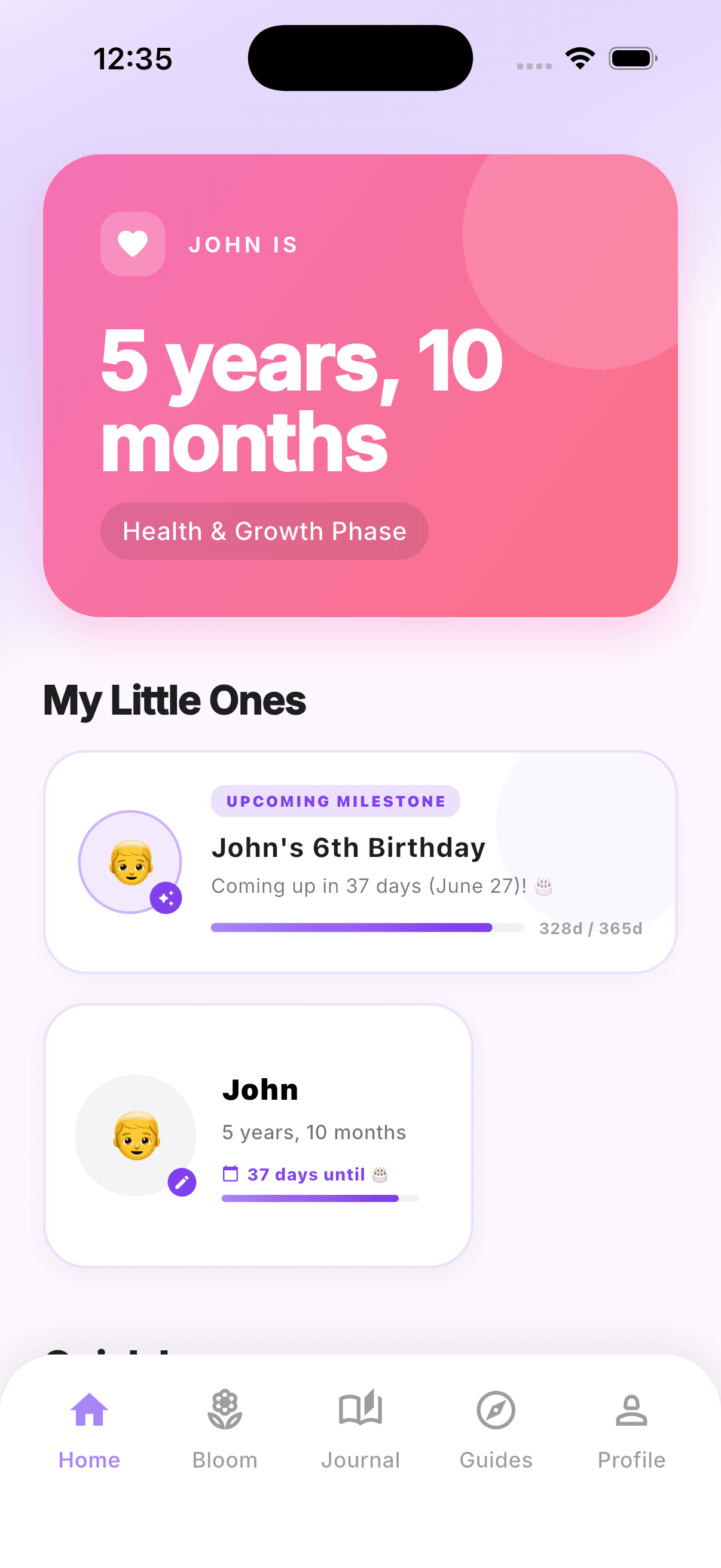 NuraBloom App — Mom Mode showing baby milestones and birthday countdowns
